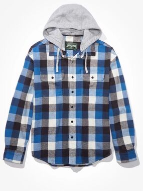 American Eagle Men's Hooded soft Flannel blue Plaid Shirt jacket shacket small